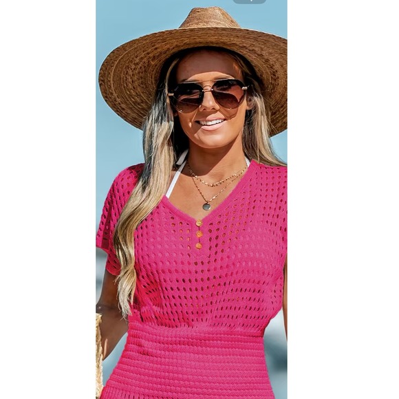 Cupshe Crochet Cover Up Dress Hot Pink V Neck Mini Beach Swim Pool Resort M - Picture 4 of 5